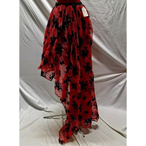 Burgundy Red sheer high low black flocked floral skirt M/L - Picture 4 of 9